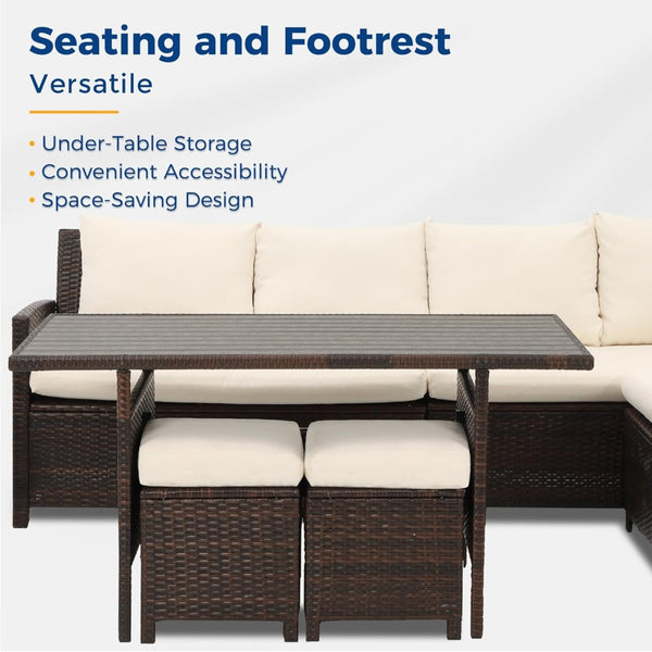 English Elm 7 Piece Outdoor Wicker Dining Set Modular Sectional Sofa Ottomans and Patio Table Ivory B082S00075