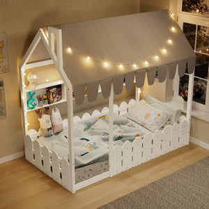 English Elm {slats Are Not Included} Twin Montessori House Floor Bed Kids Tent Lights Shelves Pinewood Frame White N708P407962K