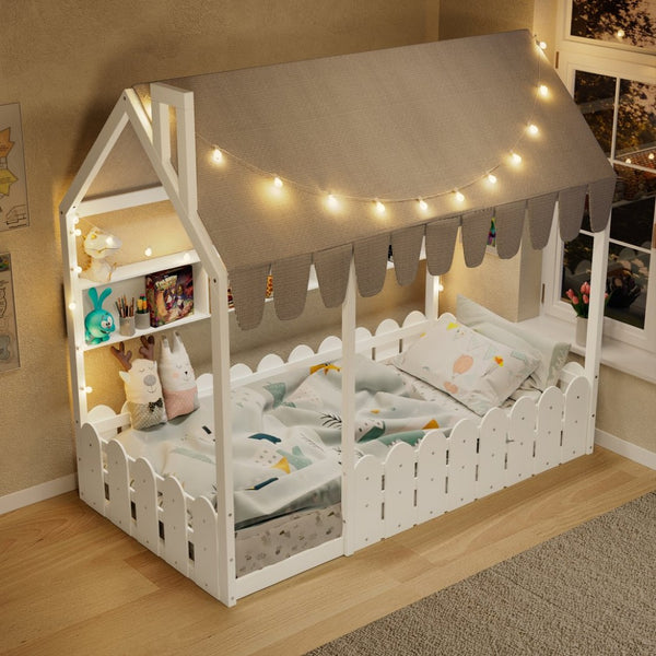 English Elm {slats Are Not Included} Twin Montessori House Floor Bed Kids Tent Lights Shelves Pinewood Frame White N708P407962K