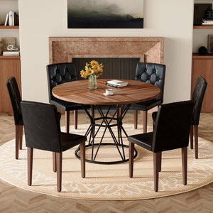 English Elm Table and Chair Set Walnut Round 47 Inch Seats 6 with Tufted Suede Dining Chairs W1151S04852