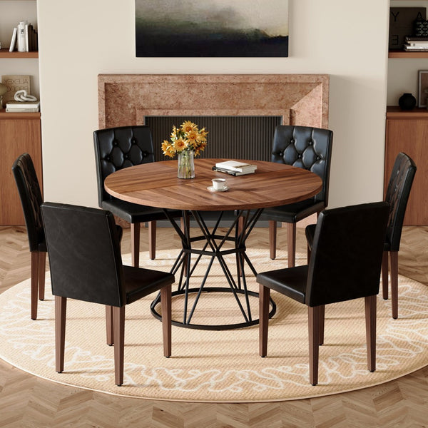 English Elm Table and Chair Set Walnut Round 47 Inch Seats 6 with Tufted Suede Dining Chairs W1151S04852