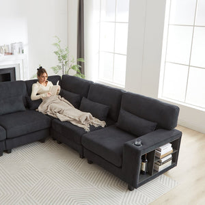 English Elm 102.75*102.75" L-Shaped Modular Sectional Sofa with Corduroy Upholstery, Storage Arm, Cup Holder, 5-Seat Convertible Lounge Black W1926S00052