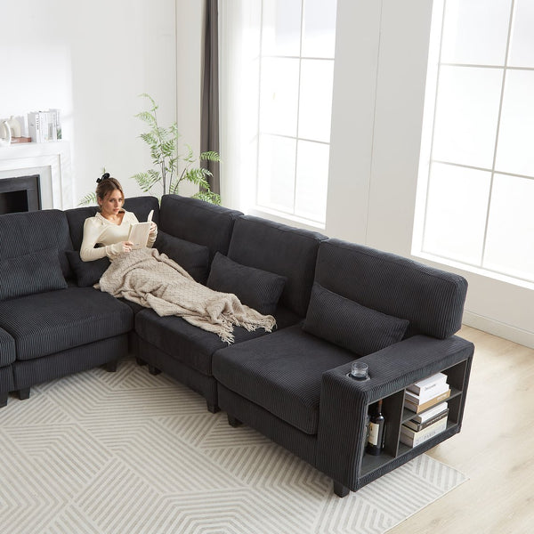 English Elm 102.75*102.75" L-Shaped Modular Sectional Sofa with Corduroy Upholstery, Storage Arm, Cup Holder, 5-Seat Convertible Lounge Black W1926S00052