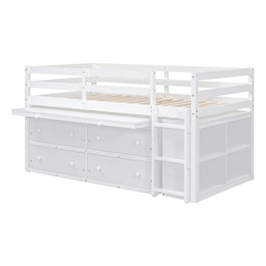 English Elm Twin Loft Bed Pinewood Frame Four Drawers Retractable Study Desk Kids Bedroom White LT000368AAK