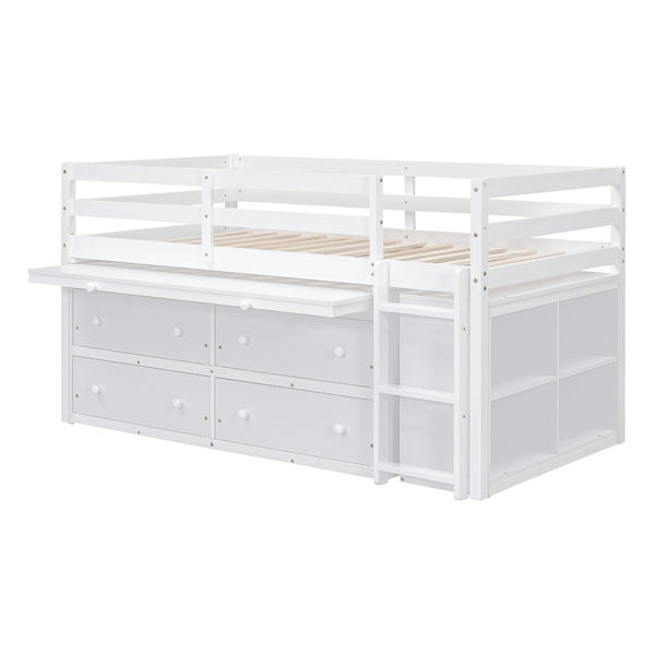 English Elm Twin Loft Bed Pinewood Frame Four Drawers Retractable Study Desk Kids Bedroom White LT000368AAK