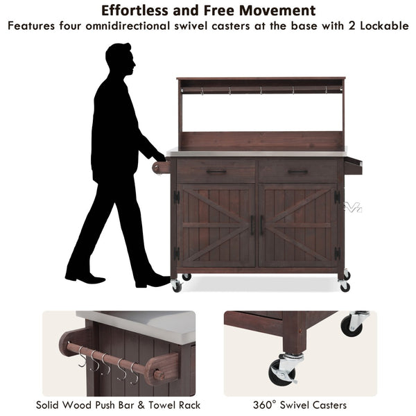 English Elm K&k Solid Fir Grill Cart Stainless Steel Top Outdoor Kitchen Station with Locking Wheels Brown N707P409087Z