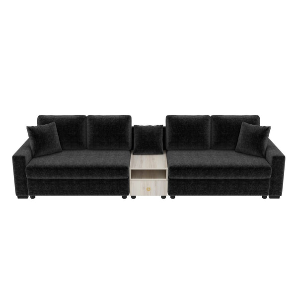 English Elm Modern Chenille Modular Sofa with Storage Armrest Console Table Living Room Seating Black N763S000064B