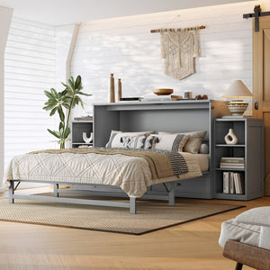 English Elm Queen Murphy Wall Bed with Open Shelves and Drawers for Guest or Office Rooms Light Gray W5316S00008