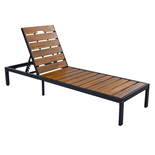 English Elm Outdoor Acacia Wood Slat Chaise Lounge with Powder Coated Frame for Patio Resort Black+Natural N719P383161B