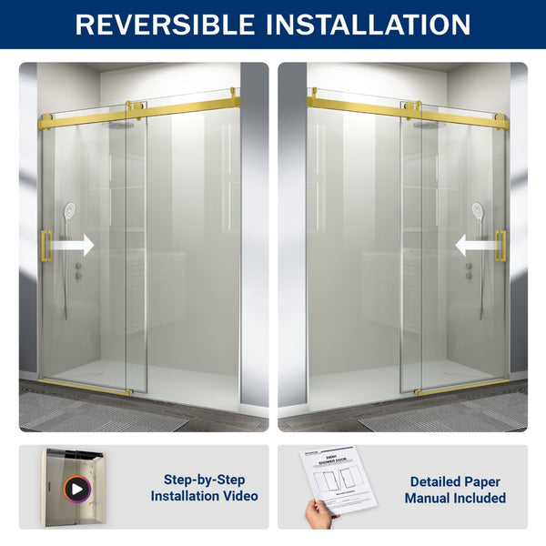English Elm 56" Frameless Sliding Shower Door Tempered Glass Soft Close Matte Hardware Alcove Fit Gold+Glass W1920P385328
