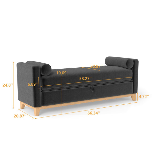 English Elm 66 Inch Sherpa Upholstered Storage Bench with Fluted Wood Base and Bolster Pillows Black+Neutral W1658P446125