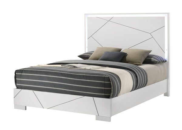 English Elm 1Pc Queen Size Bed - Modern High-Gloss White Finish With Led-Lit Headboard For Stylish Bedrooms B2741S00599