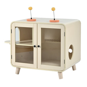 English Elm Cat Litter Box Enclosure Mdf Cabinet with Rgb Lighting Glass Doors and Play Loft Beige N704P419240A