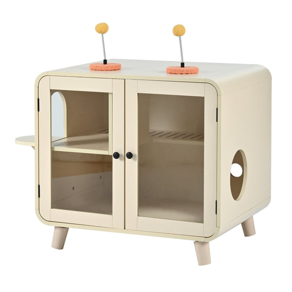 English Elm Cat Litter Box Enclosure Mdf Cabinet with Rgb Lighting Glass Doors and Play Loft Beige N704P419240A