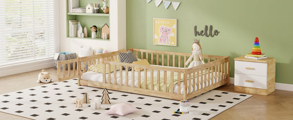 English Elm Full Size Rubberwood Floor Bed with Safety Guardrails and Latching Door for Toddlers Natural W504P429299