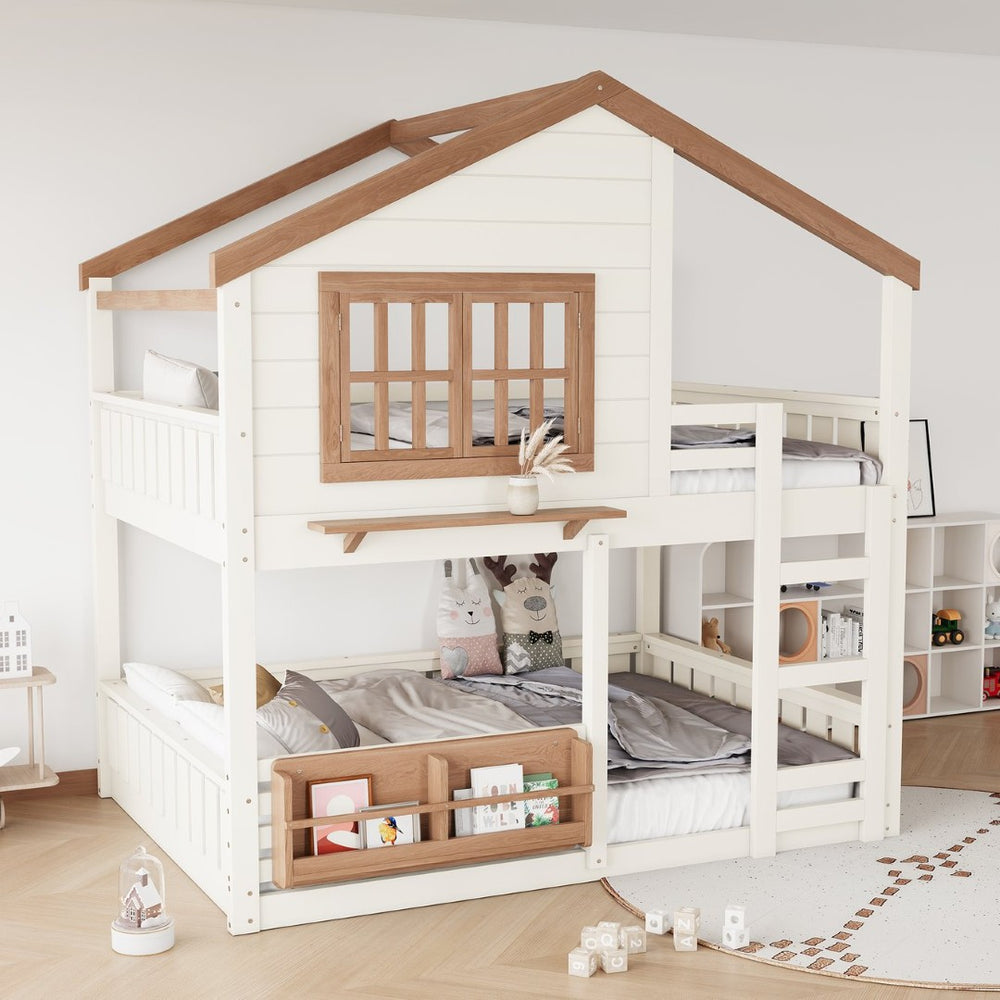 English Elm Full Bunk Bed with Trundle Bookshelf Storage Pine Frame Car Design for Kids Beige W1580S00523