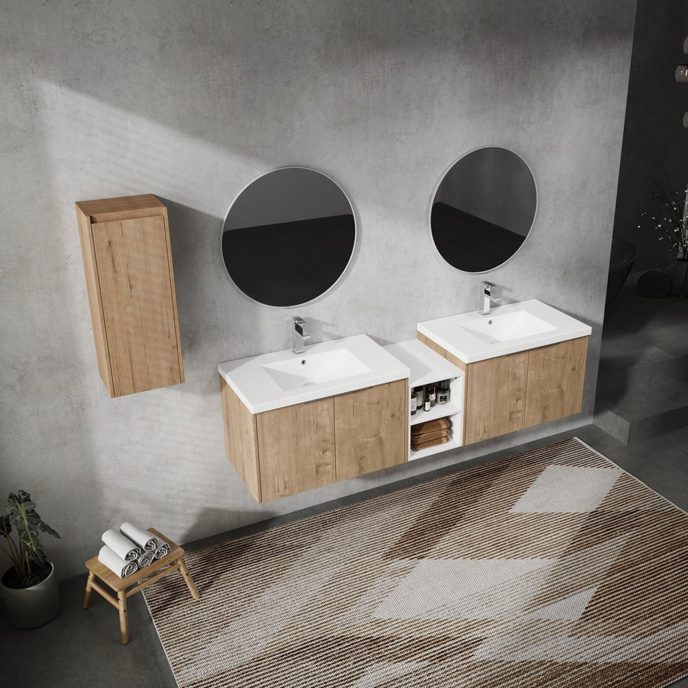 English Elm 72" Wall-Mounted Bathroom Vanity Set With Dual Sinks, Soft-Close Doors & Side Cabinet For Storage W999S00227