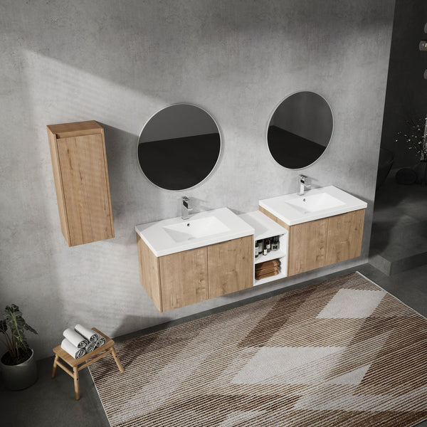 English Elm 72" Wall-Mounted Bathroom Vanity Set With Dual Sinks, Soft-Close Doors & Side Cabinet For Storage W999S00227