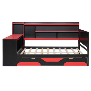 English Elm Full Size Gaming Bed Frame with Desk Led Lights Storage Drawers and Charging Station Black+Red LP000289AAJ