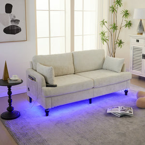 English Elm Modern chenille 2-seater sofa with LED, USB charging, storage pocket, solid wood legs, durable comfort Beige W395P318540