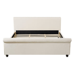 English Elm King Upholstered Bed Linen Fabric Rolled Headboard Rubberwood Legs Primary Bedroom Beige N757K384825I