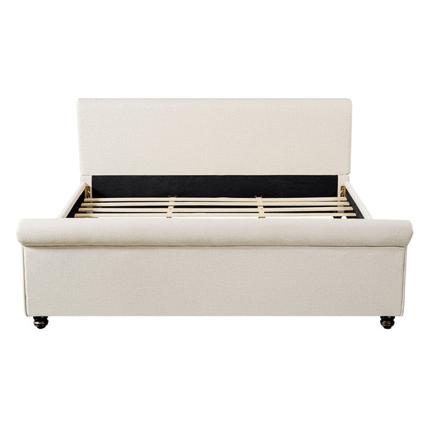English Elm King Upholstered Bed Linen Fabric Rolled Headboard Rubberwood Legs Primary Bedroom Beige N757K384825I