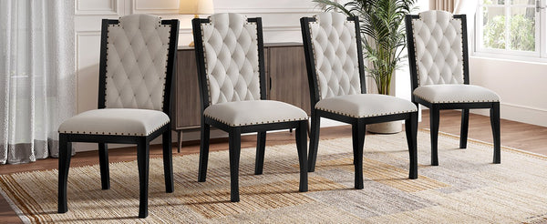 English Elm Upholstered High-Back Dining Chairs Set of 4 with Diamond Tufting, Nailhead Trim & Solid Wood Legs, Durable Comfort for Kitchen, Dining Room, Restaurant Seating Beige+Black N752P331360B