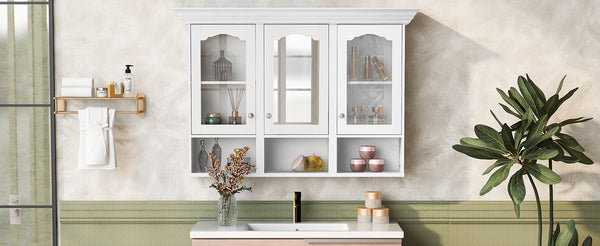 English Elm 47" Wall Mounted Bathroom Cabinet with Mirror — Space-Saving 3 Adjustable Shelves, Pine Accents, Water-Resistant Finish N710P264268K