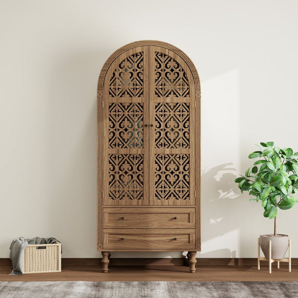 English Elm 70.28" Tall Walnut Pantry Cabinet Lattice Carved Doors Adjustable Shelves Two Drawers W688P303387