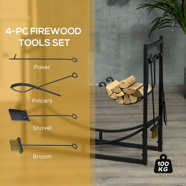English Elm Rack Two Tier Steel Firewood Holder with Four Piece Tool Set for Hearth or Patio T3971P386365