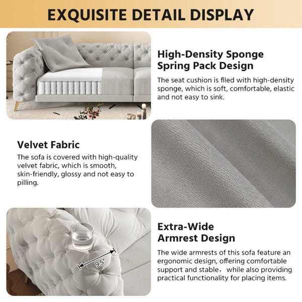 English Elm 97.6" Oversized Velvet Chesterfield Sleeper Sofa Floral Tufted Roll Arm Living Room Couch Light Grey W1885S00203