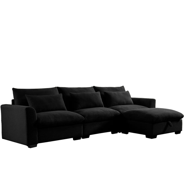 English Elm Corduroy L-Shaped Sectional Sofa With Storage Ottoman & 3 Pillows - Stylish Comfort For Any Space W714S00850