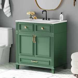 English Elm 30'' Bathroom Vanity with Sink - Retro Solid Wood Frame, Ceramic Basin, Soft-Close Doors & Ample Storage Green N710P190656F