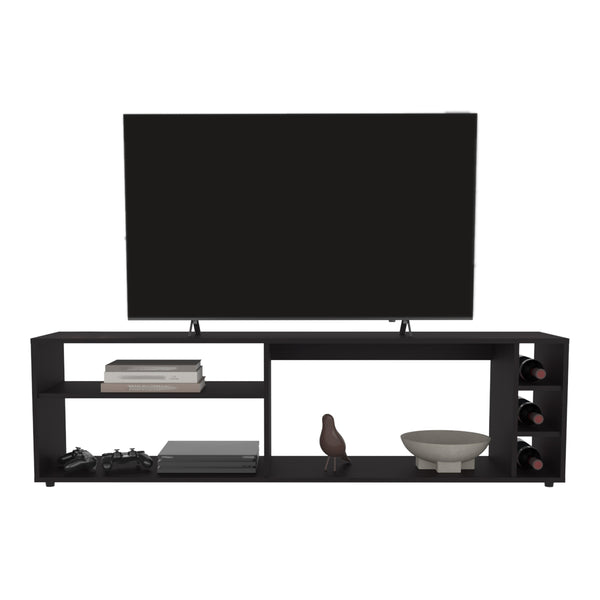 English Elm Tv Stand with Three Open Shelves for Media Storage and Decor, Slim Profile, Eco-Friendly Engineered Wood Black 68.5 L x 18.9 W x 3.54 H B097P296884