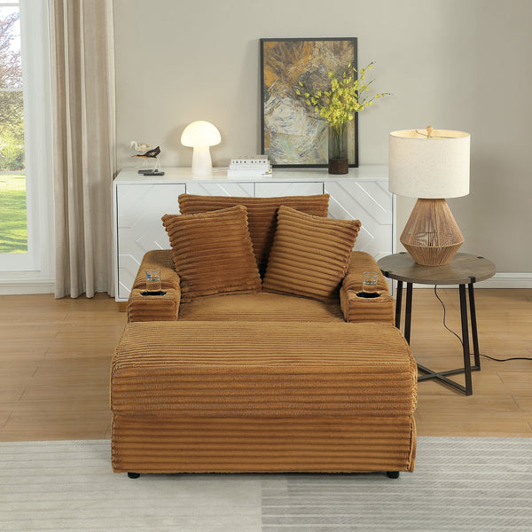 English Elm sofa Oversized Corduroy Deep-Seat Chaise with Ottoman and Lumbar Support — Plush, Sturdy Comfort Brown W1420S00011