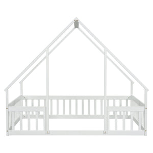 English Elm Full House-Shaped Floor Bed with Fence and Guardrails, Pine Wood Play Loft for Imaginative Kids Retreat White W504P143294