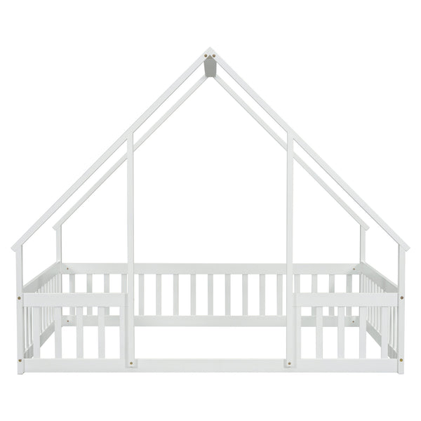 English Elm Full House-Shaped Floor Bed with Fence and Guardrails, Pine Wood Play Loft for Imaginative Kids Retreat White W504P143294