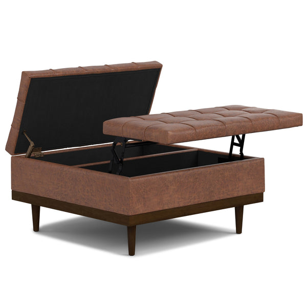 English Elm Mariah Upholstered Lift-Top Storage Ottoman with Split Top, Tufted Vegan Leather, Walnut Base (37.4") Brown B136P252682