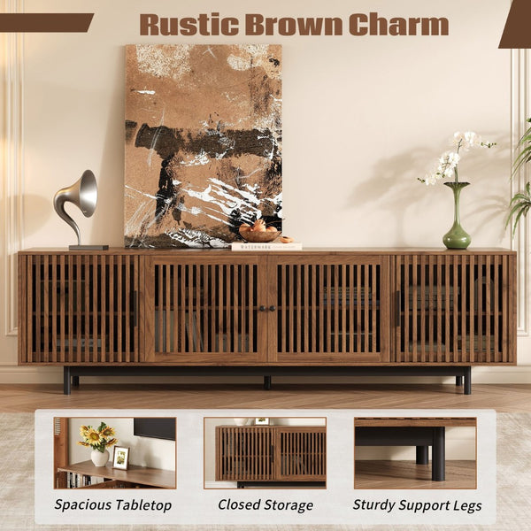 English Elm 78 Inch Walnut Media Console with Slatted Doors Solid Wood Legs and Cable Management N710P374706P