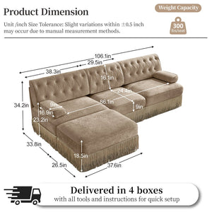 English Elm 3-seater Velvet Modular Sectional Sofa with Button Tufting Tassel Skirt Living Room Camel W714S01697