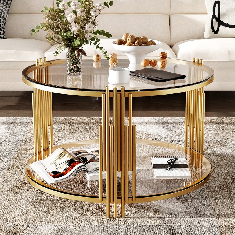 English Elm Modern Glass Coffee Table 31.5" – Asymmetrical Gold Metal Drum Base, Tempered Clear Top & Lower Shelf N735P177478K