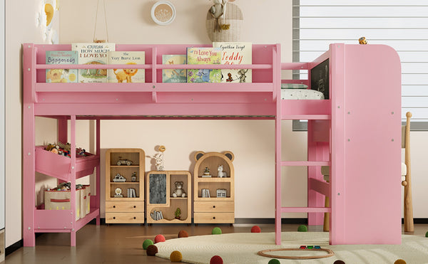 English Elm Twin Low Loft Bed Solid Pine Frame Kids Study Desk Blackboard Storage White Pink W1580S00300