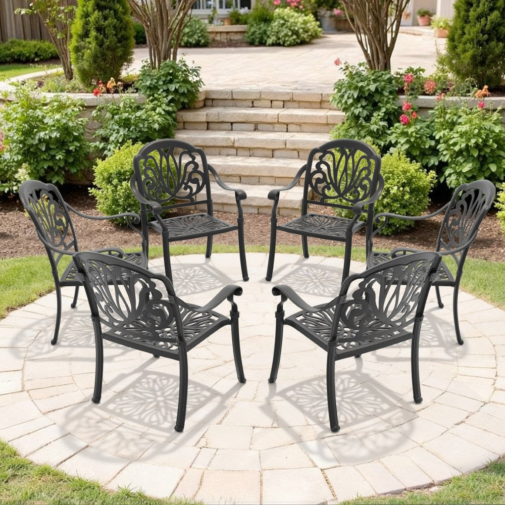 English Elm Cast Aluminum Outdoor Dining Chairs Set of 4 with Carved Relief Frame and Brown Cushions W1710S00507