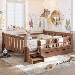 English Elm Queen Bunk Bed with Trundle Solid Pine Kids Car Themed Frame Built-in Bookshelf Natural W1580S00543