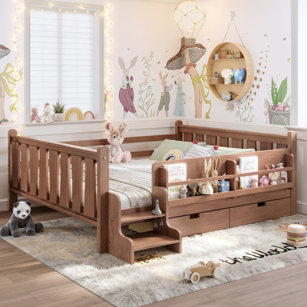English Elm Queen Bunk Bed with Trundle Solid Pine Kids Car Themed Frame Built-in Bookshelf Natural W1580S00543