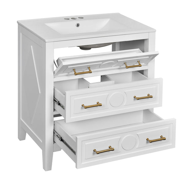 English Elm 30'' Bathroom Vanity with Ceramic Sink, Solid Wood Frame Retro Style Vanity with 3 Drawers & Gold Handles White N710P246209K