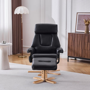 English Elm Black Pu Leather Swivel Accent Chair with Ottoman Heated Massage Wood Base Lounge W3248P465018
