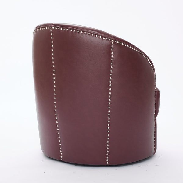 English Elm Dark red Top-Grain Leather Swivel Accent Chair with 360° Smooth Spin, Riveted Rock’n’Roll Style, Sturdy Base W570P386958