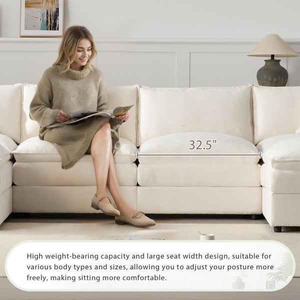 English Elm [video]136" Chenille U-shaped Sectional Six Seat Cloud Sofa with Movable Ottomans White N723S1687W