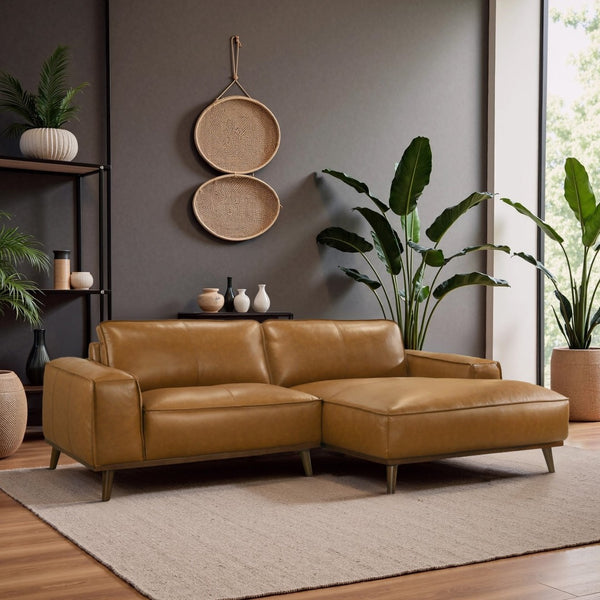 English Elm Kerrville Top Grain Leather Sectional Sofa with Chaise Mid-century Walnut Leg Design B183S00215